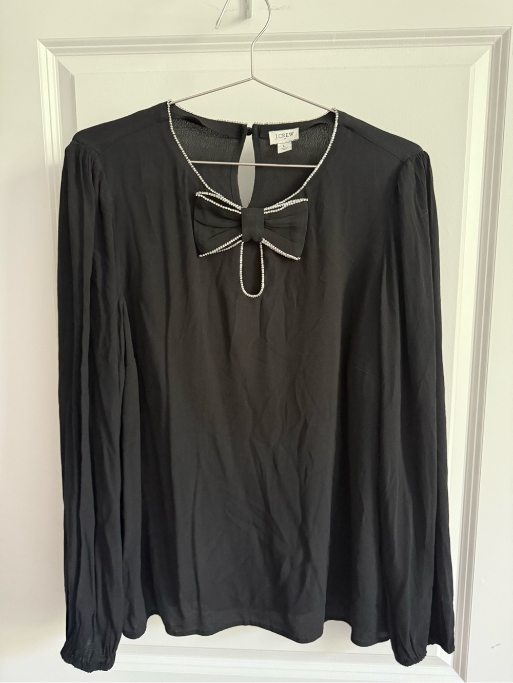 J. Crew Women’s Black Long-Sleeve Bow Rhinestone Trim Blouse, Large